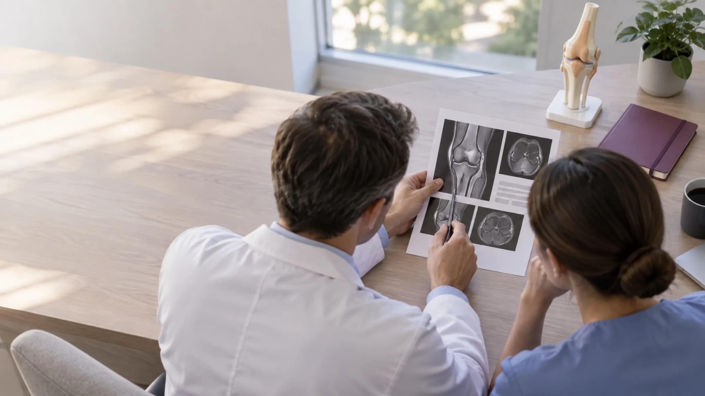 Two clinicians at a consulting desk reviewing a printed MRI report together
