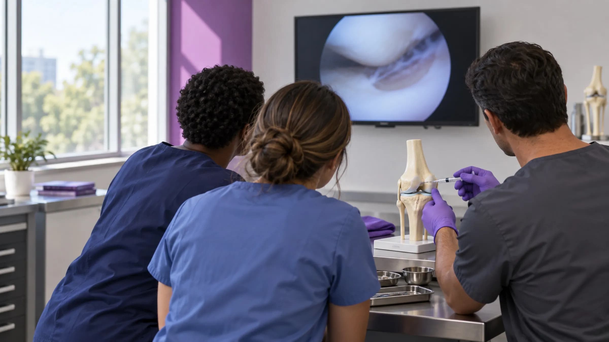 Three clinicians around a knee model on a workbench, one demonstrating with a syringe